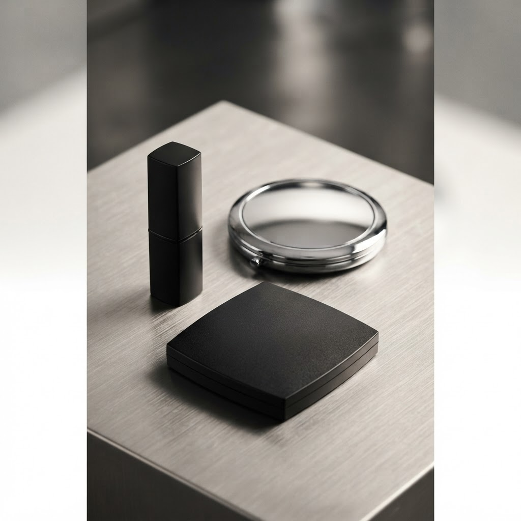 Matte black lipstick, chrome compact and powder case on brushed aluminum