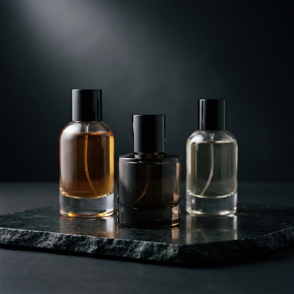 Three niche perfume bottles in smoked and clear glass on black stone