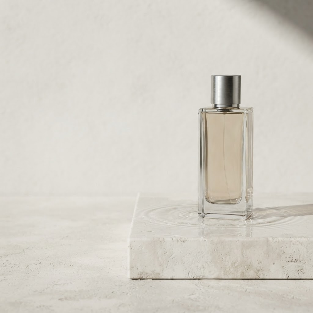 Unbranded glass fragrance bottle with brushed chrome cap standing on a travertine plinth with rippling water