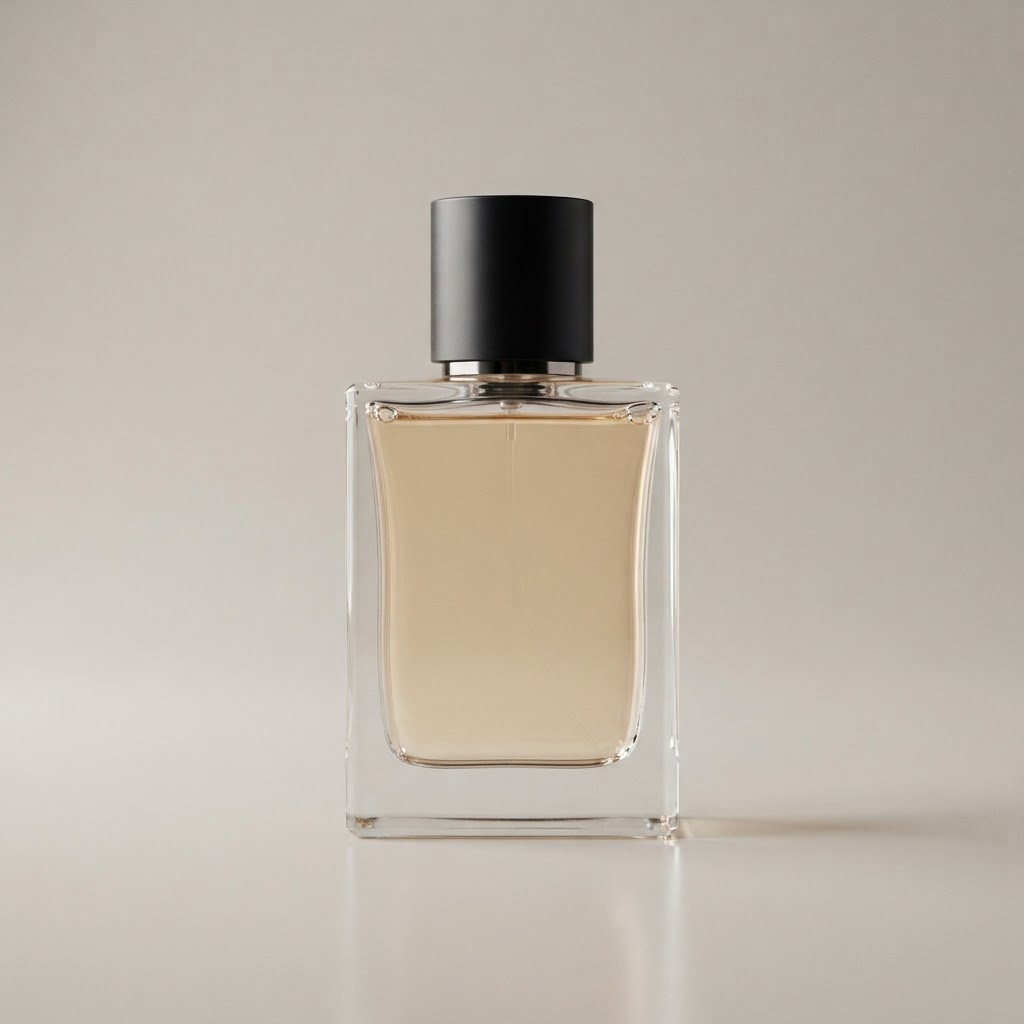 Rectangular glass eau de parfum bottle with black cap