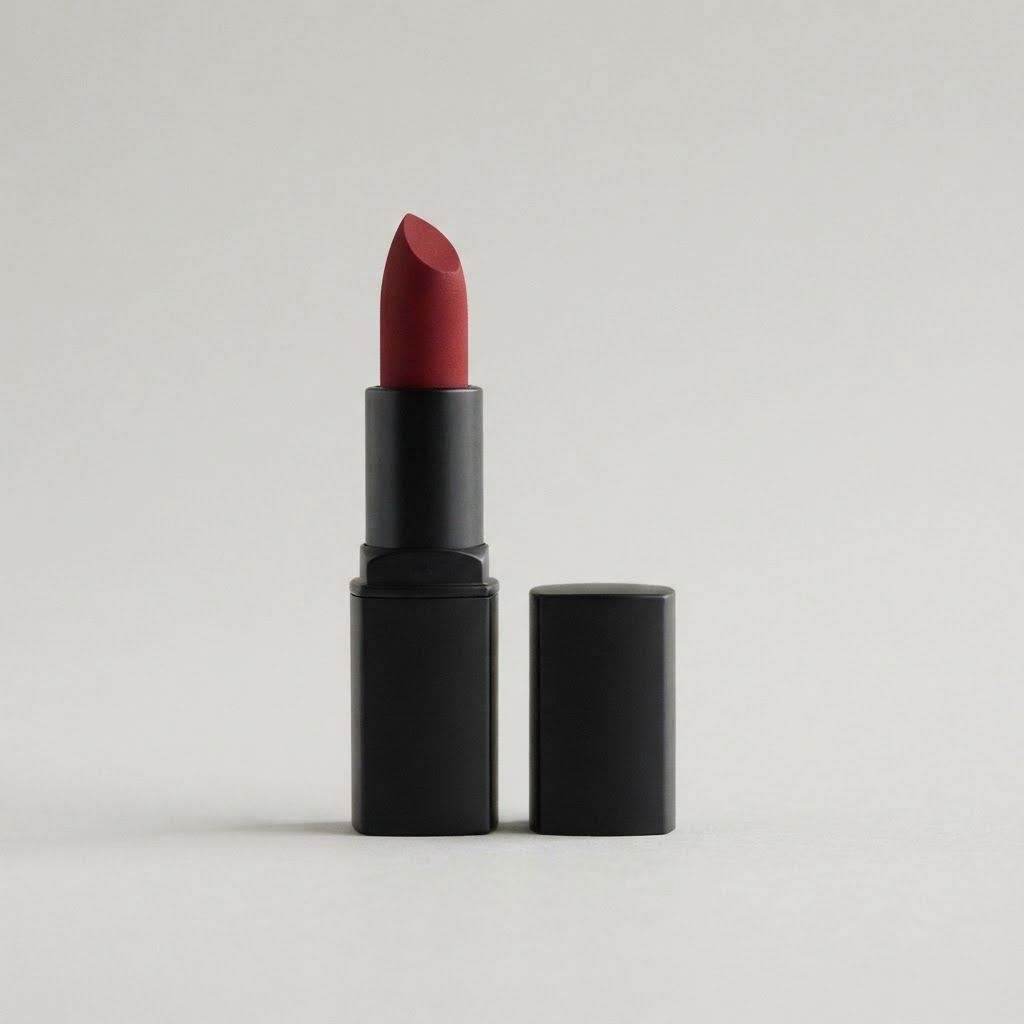 Matte black lipstick tube with cap beside it