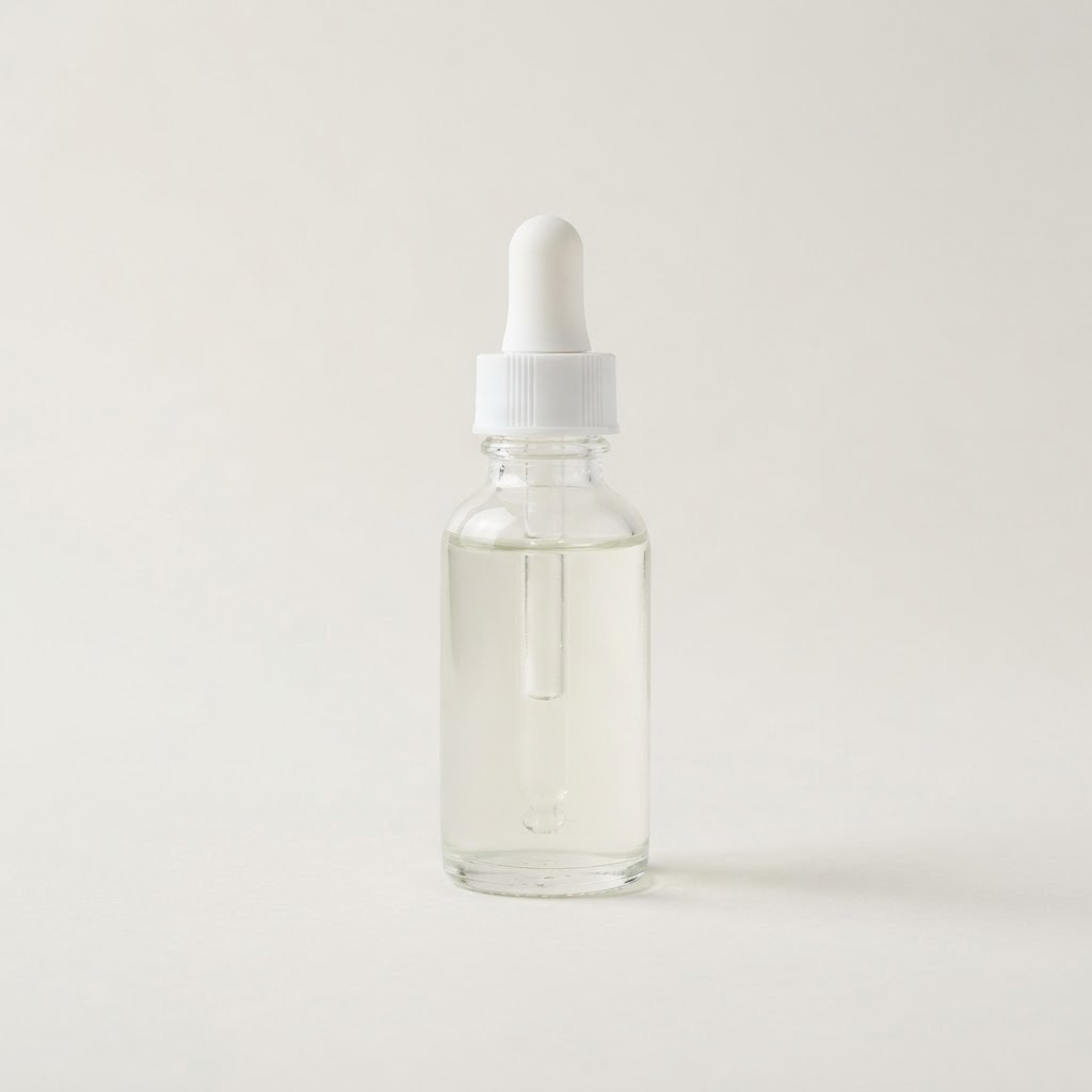 Clear glass skincare serum bottle with white dropper